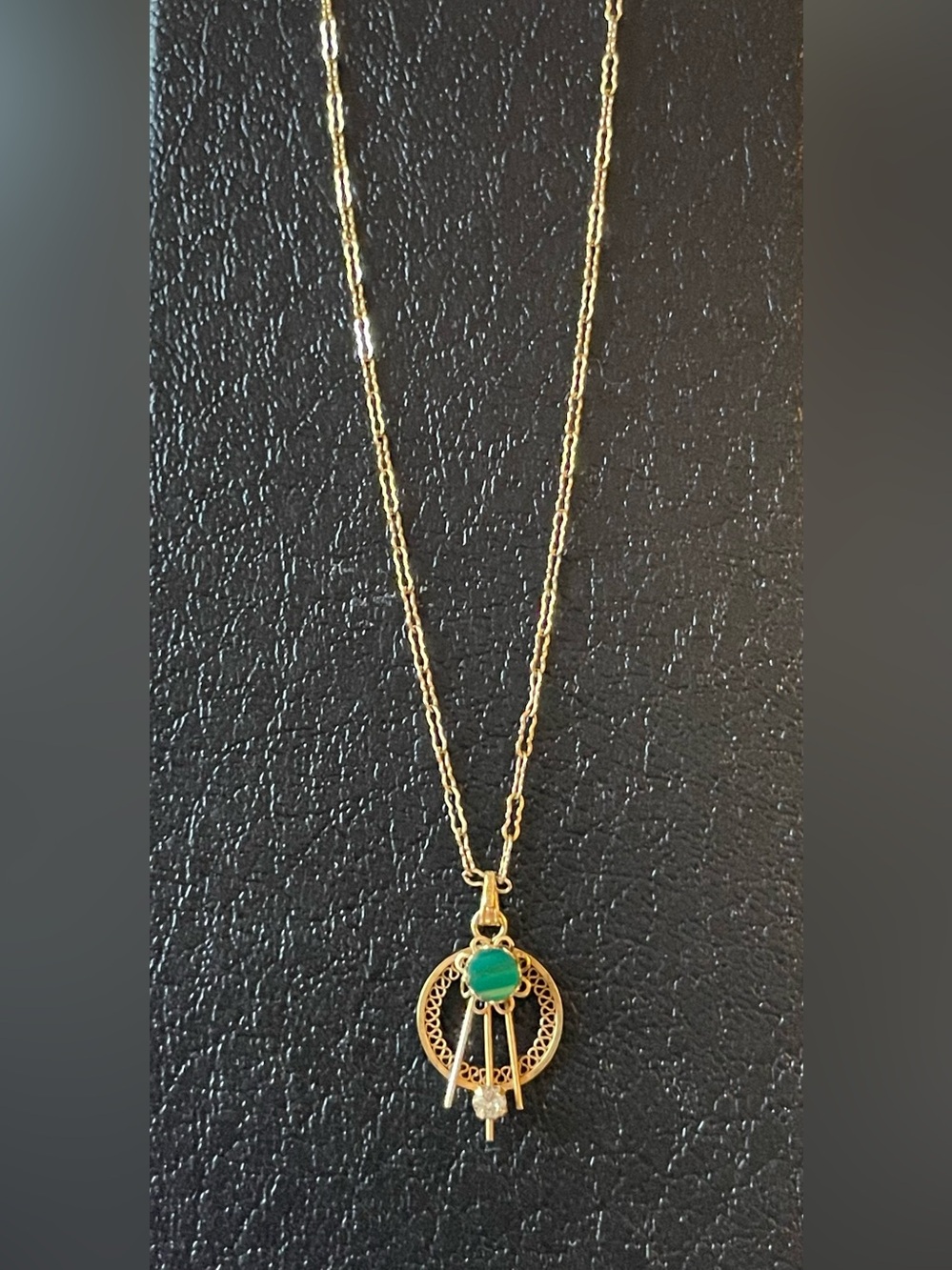 12K Gold Filled Vintage Pendant Necklace with Green Malachite - Women Jewelry